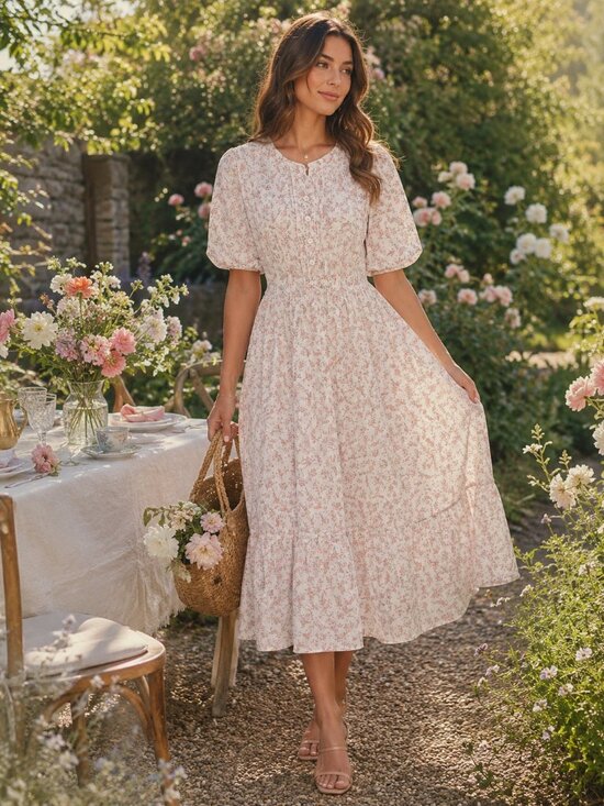 Calista Dresses & Skirts - Calista Floral Midi Dress Cottagecore Puff Sleeve Garden Party Dress Romantic